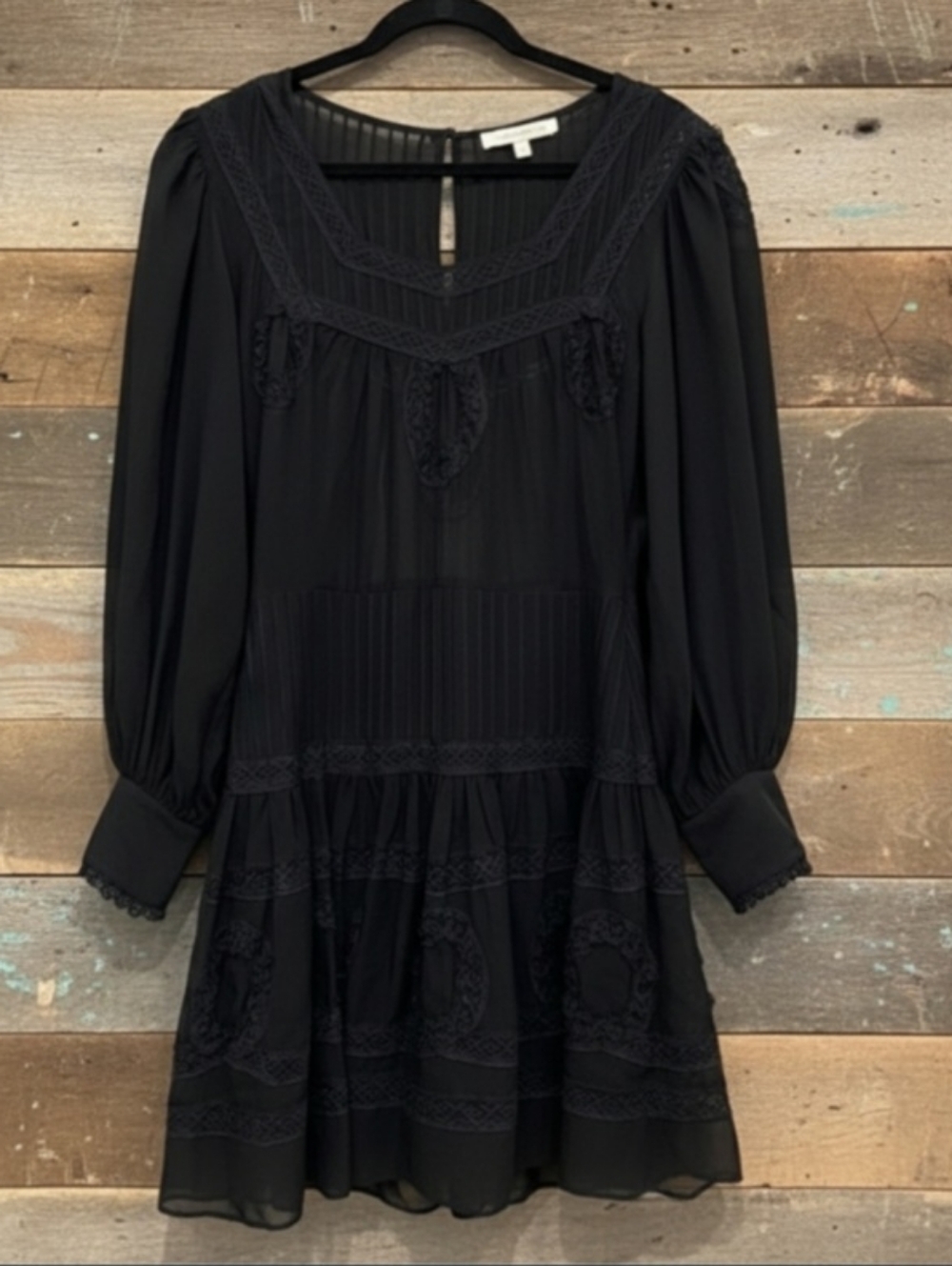 LoveShackFancy Black Lace Detail Silk Dress